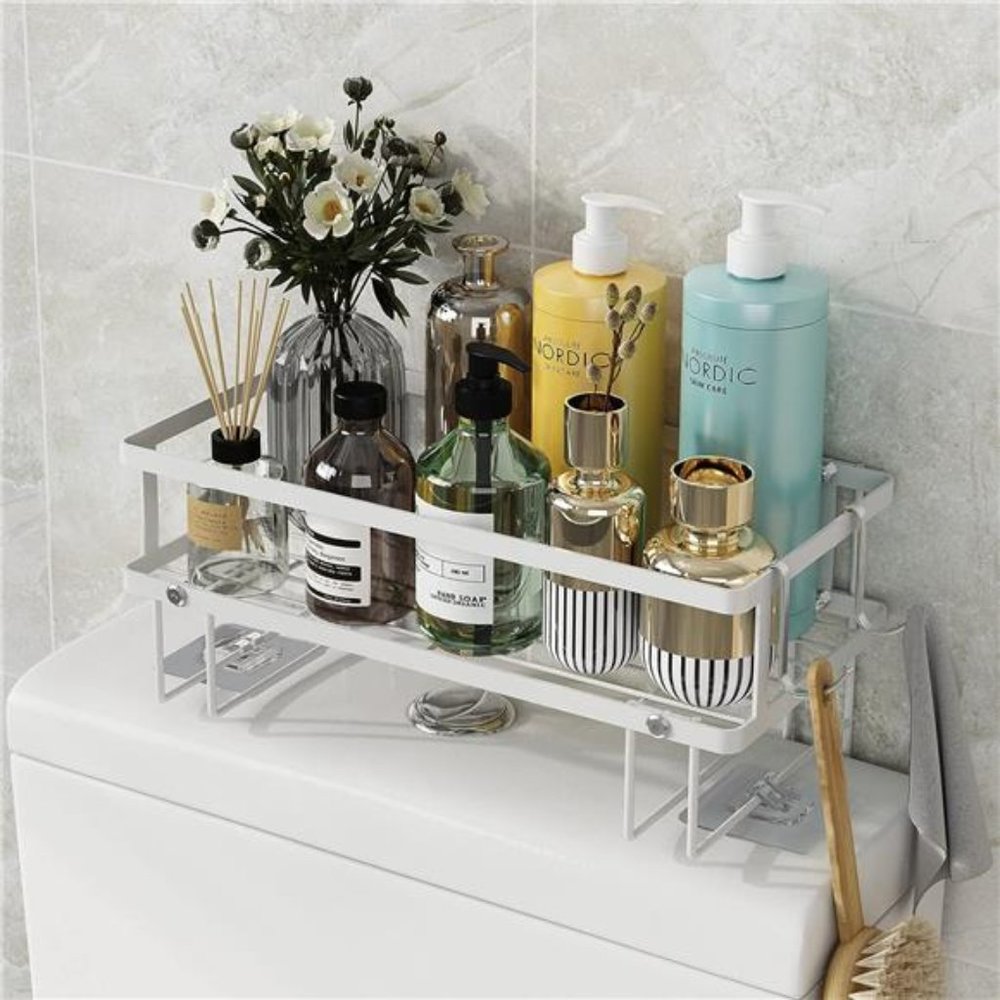 Bathroom Organizer,  Anti-tilt Bathroom Shelf with 2 Hooks(White, 1-Tier)